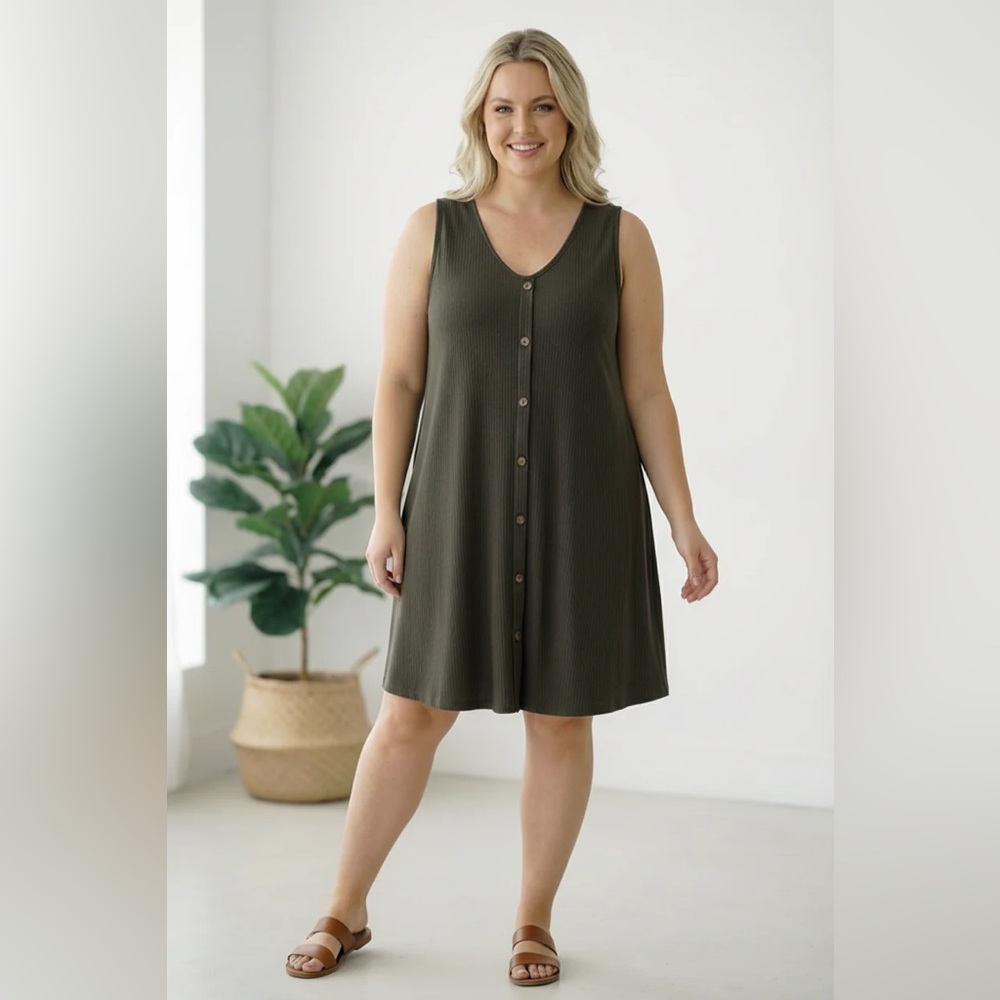D285 PLUS P.S.Kate Black Button Front Ribbed Sleeveless Dress